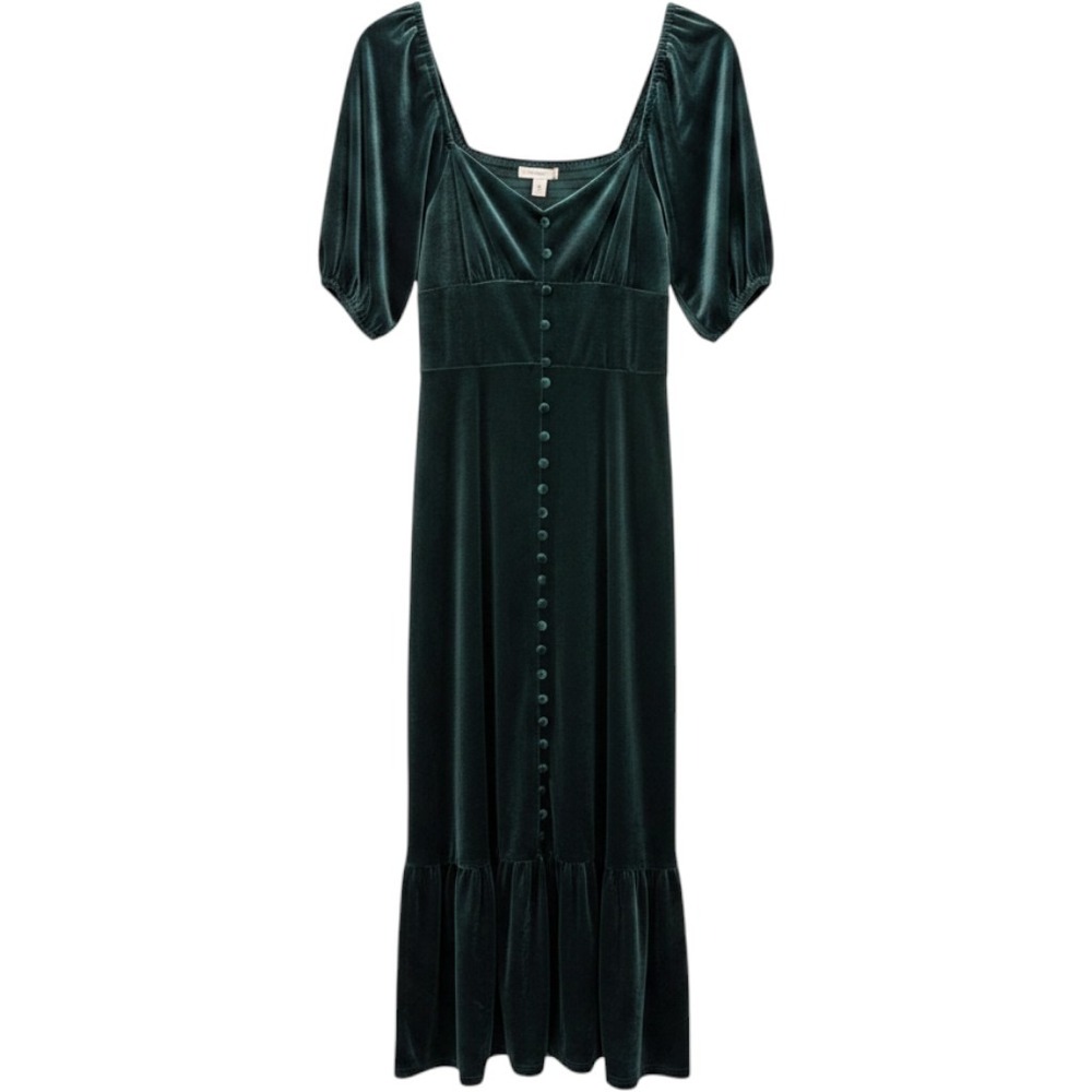 Coquette Renfaire Dress Women Medium Green‎ Velvet Button Front Puff Sleeve Maxi